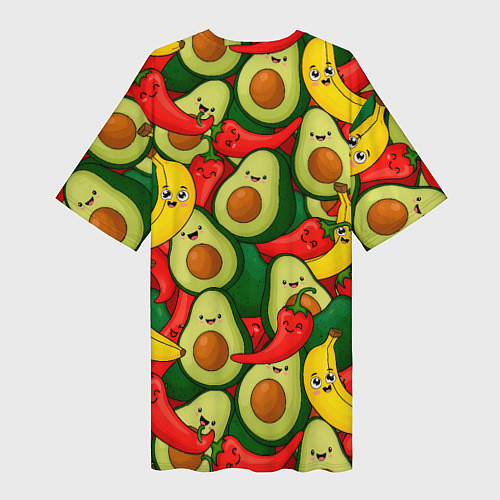 Женская длинная футболка Авокадо, бананы, перцы чили улыбаются - паттерн фр / 3D-принт – фото 2