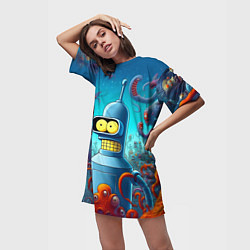 Футболка женская длинная Робот-сгибальщик Бендер среди монстров - нейроарт, цвет: 3D-принт — фото 2