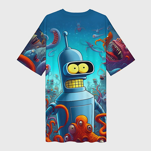 Женская длинная футболка Робот-сгибальщик Бендер среди монстров - нейроарт / 3D-принт – фото 2