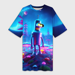 Женская длинная футболка Бендер на сказочной неоновой грибной планете - ней