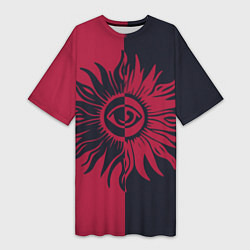 Женская длинная футболка Солнце красно-синее