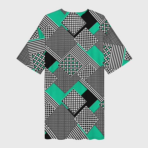 Женская длинная футболка Черно бирюзовая абстрактная геометрия пэчворк / 3D-принт – фото 2