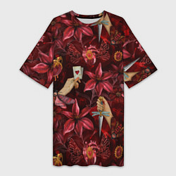 Женская длинная футболка Бордовая готика с сердцем, лилиями и мотыльками