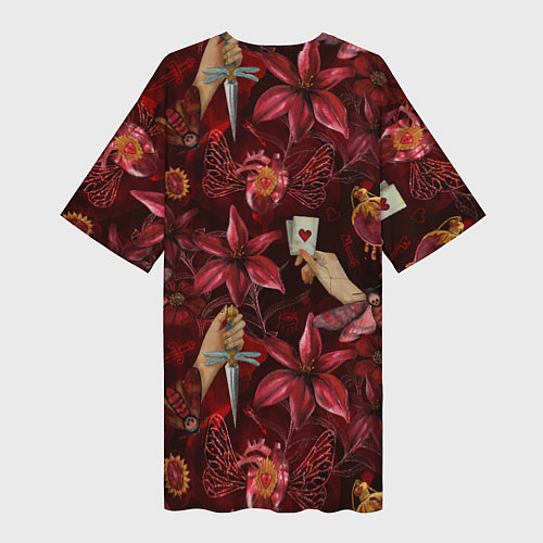 Женская длинная футболка Бордовая готика с сердцем, лилиями и мотыльками / 3D-принт – фото 2