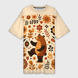 Футболка женская длинная Мишка пляшет, цвет: 3D-принт