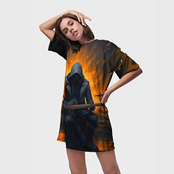 Футболка женская длинная Гитарист играющий в пламени, цвет: 3D-принт — фото 2
