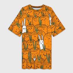 Футболка женская длинная Милый кролики в морковном поле, цвет: 3D-принт