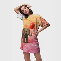 Футболка женская длинная Слоненок с красным воздушным шариком, цвет: 3D-принт — фото 2