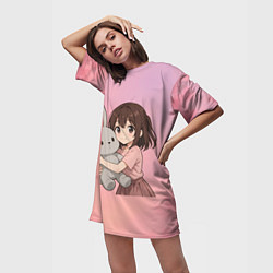 Футболка женская длинная Девочка обнимает зайцика в аниме, цвет: 3D-принт — фото 2
