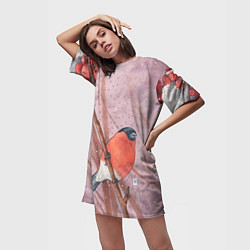 Футболка женская длинная Акварельный снегирь в рябине, цвет: 3D-принт — фото 2