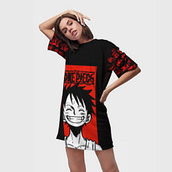 Футболка женская длинная Ван Пис, Луффи на красном, цвет: 3D-принт — фото 2