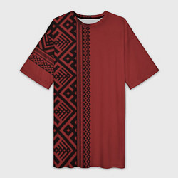 Футболка женская длинная Узоры славянские в красном цвете, цвет: 3D-принт