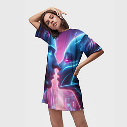 Футболка женская длинная Cyber love - metropolis neon glow, цвет: 3D-принт — фото 2