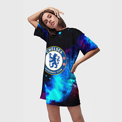 Футболка женская длинная Челси неоновый космос, цвет: 3D-принт — фото 2