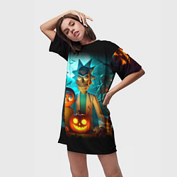 Футболка женская длинная Morty and Rick with pumpkin - neon halloween, цвет: 3D-принт — фото 2