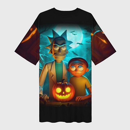 Женская длинная футболка Morty and Rick with pumpkin - neon halloween / 3D-принт – фото 2