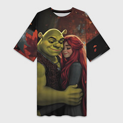 Футболка женская длинная Шрек и принцесса Фиона, цвет: 3D-принт