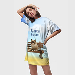 Футболка женская длинная Пародия Форрест Гамп - кот на скамейке, цвет: 3D-принт — фото 2