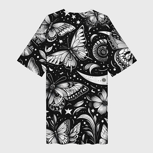 Женская длинная футболка Паттерн из бабочек цветов и луны - нейроарт / 3D-принт – фото 2