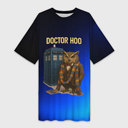 Футболка женская длинная Doctor Hoo сова у телефонной будки, цвет: 3D-принт