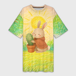 Футболка женская длинная Заяц обнимает кактус, цвет: 3D-принт