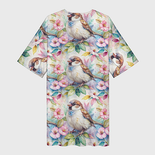 Женская длинная футболка Воробей в ярких цветах паттерн / 3D-принт – фото 2
