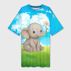 Футболка женская длинная Слоненок с цветочком, цвет: 3D-принт