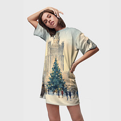 Футболка женская длинная Москва новогодняя елка, цвет: 3D-принт — фото 2
