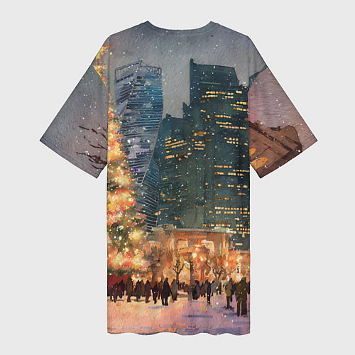 Женская длинная футболка Москва - сити и новогодняя елка / 3D-принт – фото 2