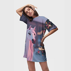 Футболка женская длинная Лошадка и новогодняя елка, цвет: 3D-принт — фото 2