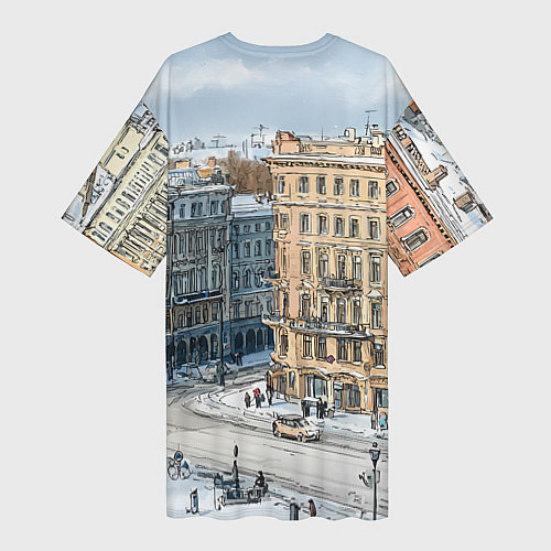 Женская длинная футболка Зимняя улица Питера / 3D-принт – фото 2