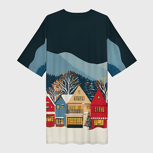 Женская длинная футболка Новогодний городок в горах / 3D-принт – фото 2
