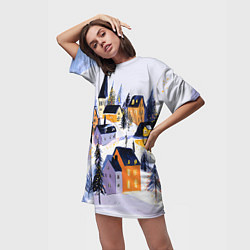 Футболка женская длинная Новогодние домики на горе, цвет: 3D-принт — фото 2