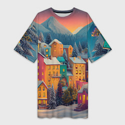 Футболка женская длинная Новогодний город в горах, цвет: 3D-принт