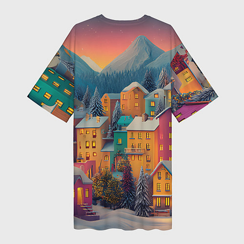Женская длинная футболка Новогодний город в горах / 3D-принт – фото 2