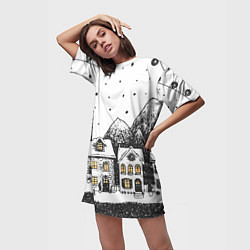 Футболка женская длинная Черно-белый новогодний город, цвет: 3D-принт — фото 2