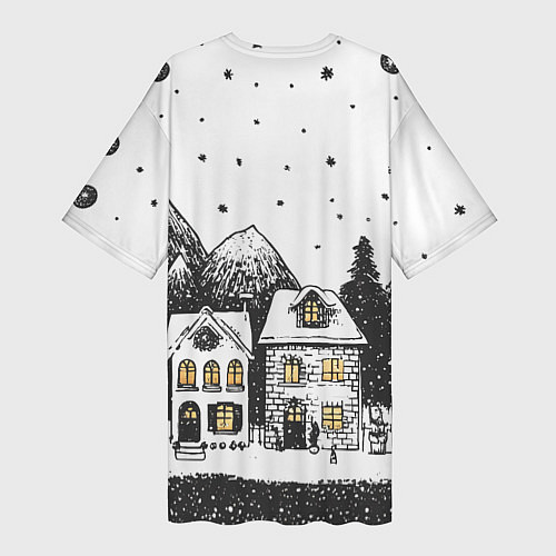 Женская длинная футболка Черно-белый новогодний город / 3D-принт – фото 2