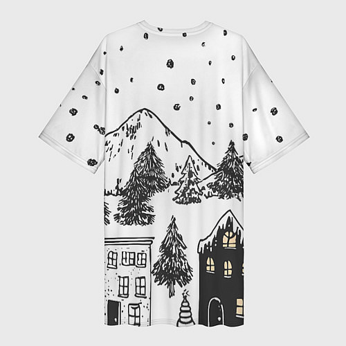 Женская длинная футболка Заснеженный черно-белый город / 3D-принт – фото 2