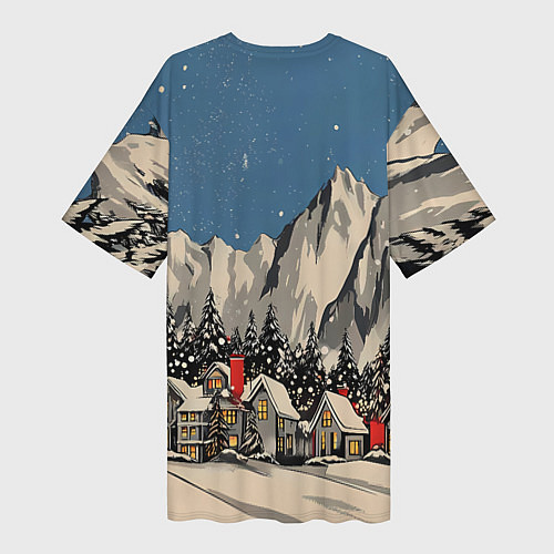Женская длинная футболка Небольшой новогодний город в горах / 3D-принт – фото 2