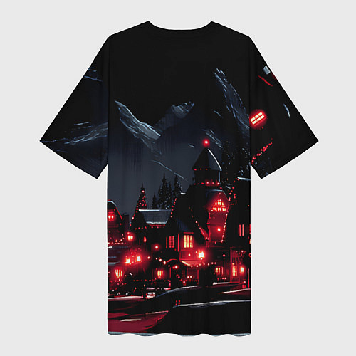 Женская длинная футболка Новогодняя ночь и красные гирлянды / 3D-принт – фото 2