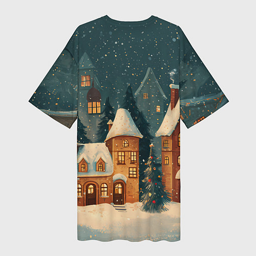 Женская длинная футболка Сказочный Новогодний городок / 3D-принт – фото 2