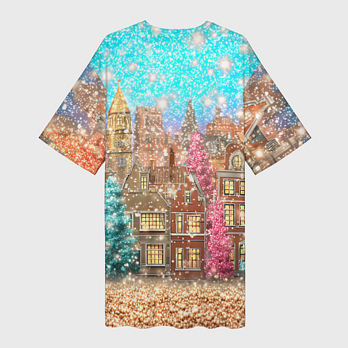 Женская длинная футболка Новогодний город в блестках / 3D-принт – фото 2