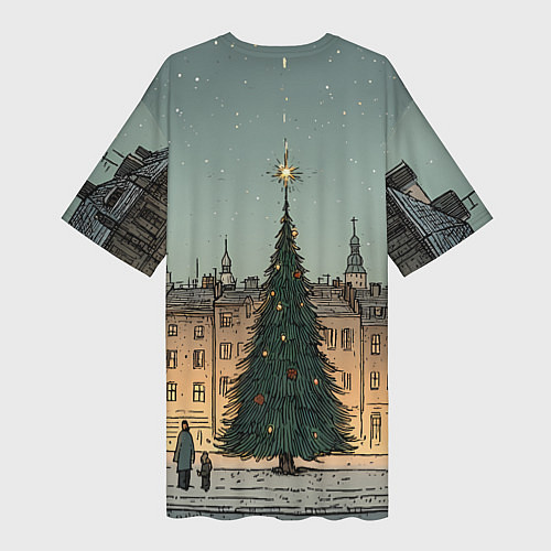 Женская длинная футболка Новогодняя елка во дворе / 3D-принт – фото 2