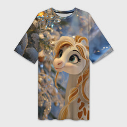 Футболка женская длинная Новогодняя лошадка в крапинку, цвет: 3D-принт