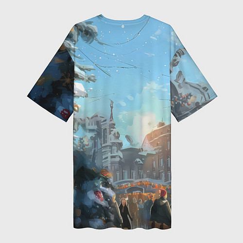 Женская длинная футболка Лошадка на новогодней площади / 3D-принт – фото 2