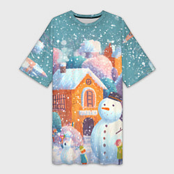 Футболка женская длинная Дети во дворе лепят снеговика, цвет: 3D-принт