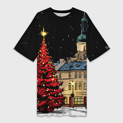 Футболка женская длинная Красная новогодняя елка, цвет: 3D-принт
