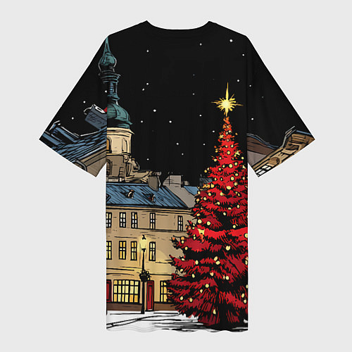 Женская длинная футболка Красная новогодняя елка / 3D-принт – фото 2