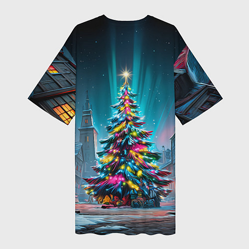Женская длинная футболка Новогодняя елка в гирляндах / 3D-принт – фото 2