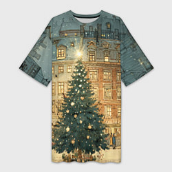 Футболка женская длинная Новогодний старый город, цвет: 3D-принт